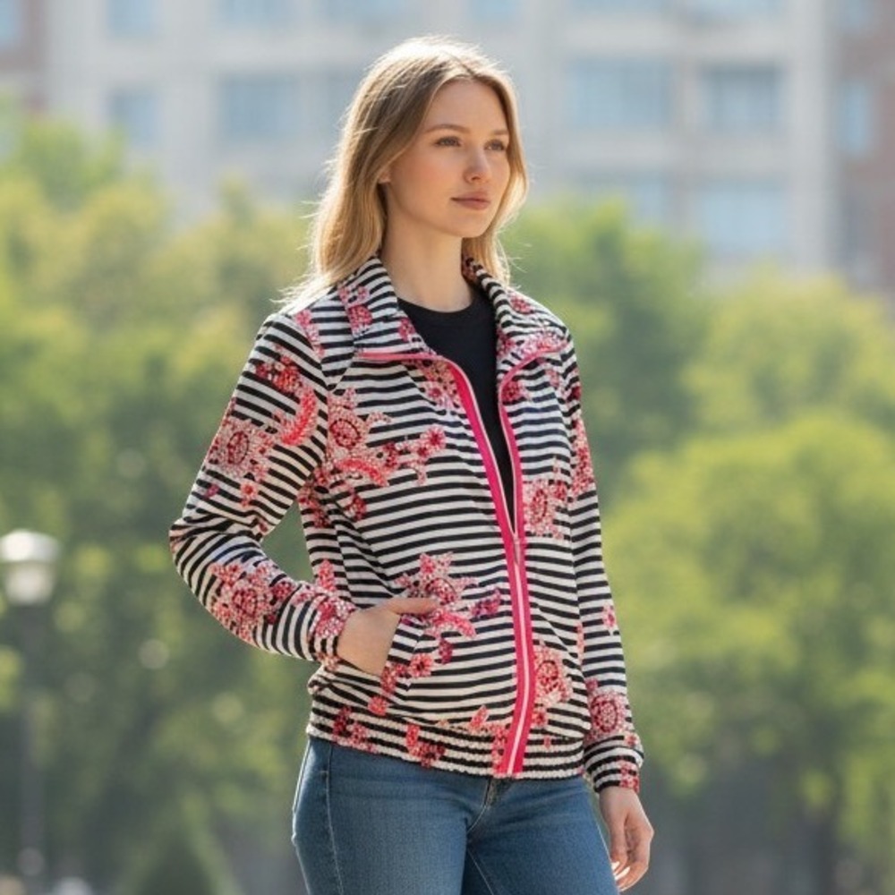 Chico's Zenergy Jacket Womens 2 Large Black Pink Floral Stripe Zip Up Athleisure